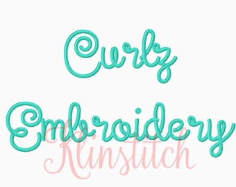May include: A teal blue cursive font design that reads "Curly Embroidery" with the word "KlinStitch" in a smaller pink cursive font below.