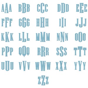 May include: A chart of the alphabet in uppercase letters, with each letter repeated three times. The letters are in a light blue color and are outlined in a darker blue. The letters are arranged in rows of five, with the last row having only one letter.