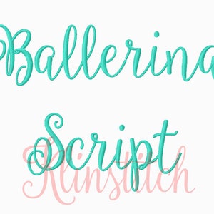 May include: A turquoise blue cursive font design that says "Ballerina Script" with the word "Rinstitch" in a smaller pink cursive font underneath.