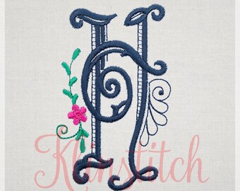 Swirl "H" Initial Monogram Embroidery Fonts 5 Sizes Three Letters Monogram Fonts BX Fonts Embroidery Designs PES Alphabets