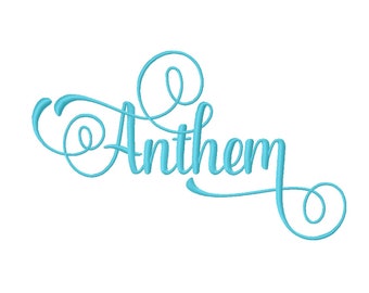 May include: A blue cursive script font spelling the word "Anthem".