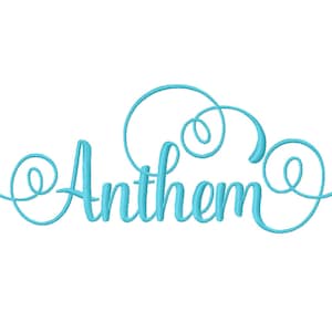May include: A blue cursive font spelling the word "Anthem" with decorative swirls on either side.