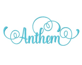 May include: A blue cursive font spelling the word "Anthem" with decorative swirls on either side.