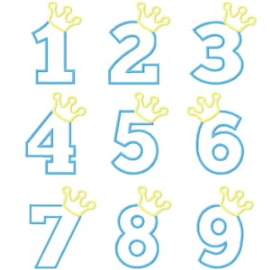Puede incluir: Nueve números azules delineados con coronas amarillas en la parte superior. Los números son del 1 al 9.