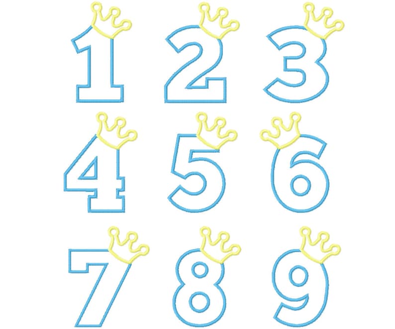 May include: Nine blue outlined numbers with yellow crowns on top. The numbers are 1 through 9.