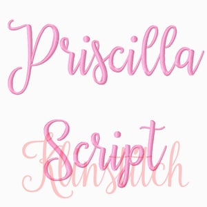 Pode incluir: Fonte rosa cursiva que diz "Priscilla Script".