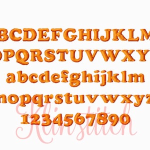 May include: Orange embroidered font alphabet with uppercase and lowercase letters and numbers 1 through 9. The font is a bold, blocky style.