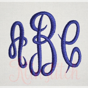 May include: A blue embroidered monogram with the letters "ABC" in a cursive font.