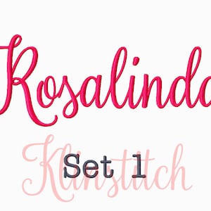 May include: A cursive font embroidery design of the name "Rosalinda" in pink with the text "Set 1" in gray below.