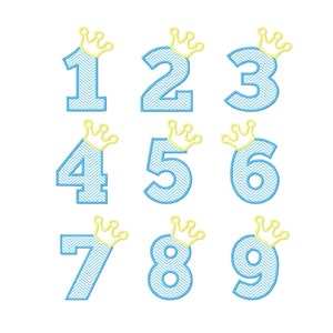 May include: Nine blue numbers with yellow crowns on top. Each number has a chevron pattern. The numbers are 1 through 9.