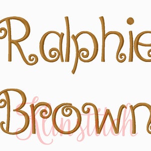 May include: A brown embroidered design with the names "Ralphie" and "Brown" in a cursive font.
