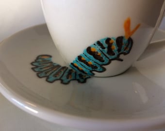 Caterpillar design hand painted espresso cup and saucer set