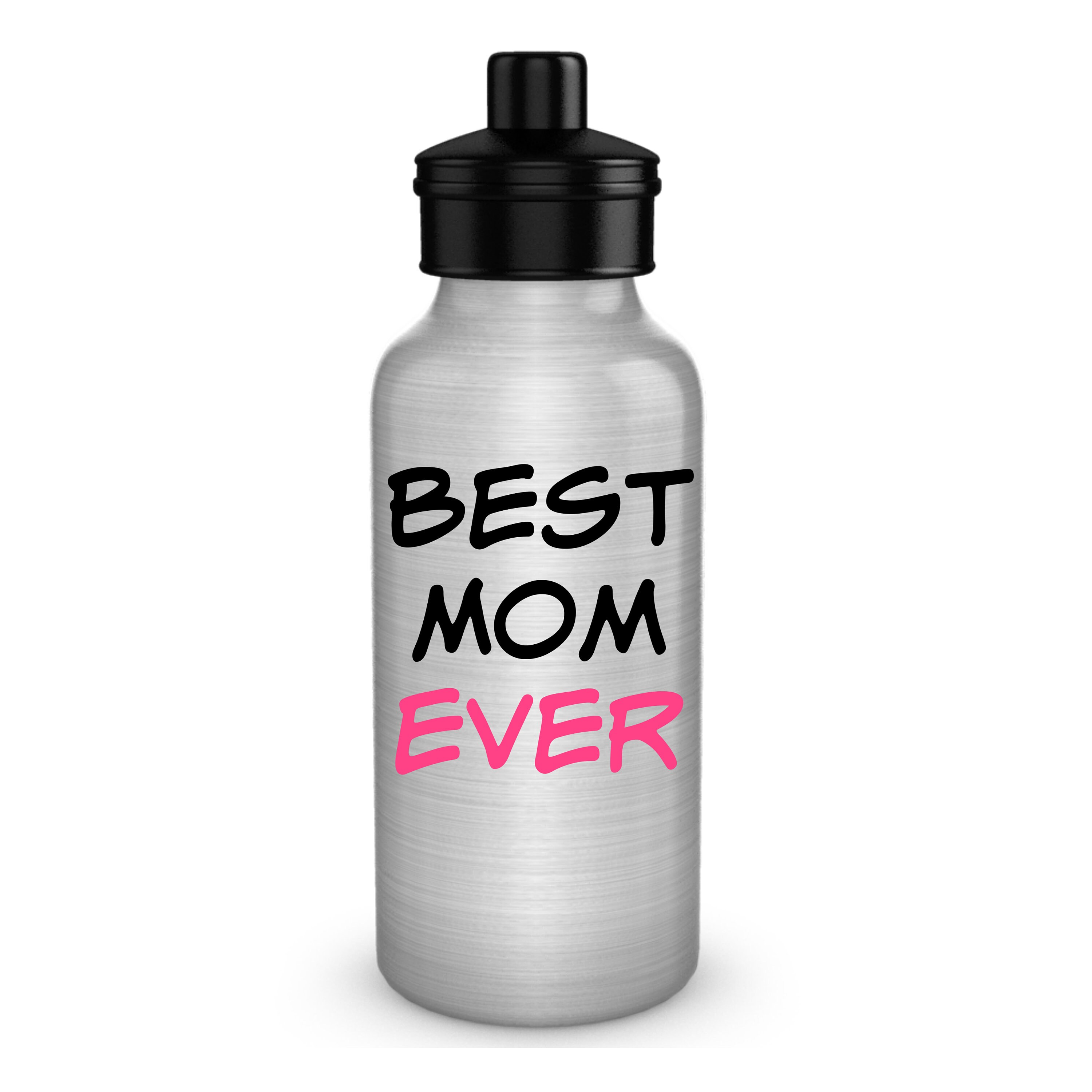 Best Mom Ever Water Bottle with black and pink text. Etsy
