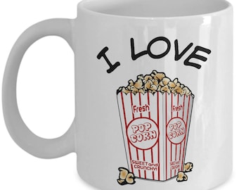 I Love Popcorn mug, coffee cup, with popcorn container image,