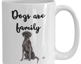 Black lab mug, labrador retriever coffee mug, cup, dogs are family, with watercolor image, gift for dog lover
