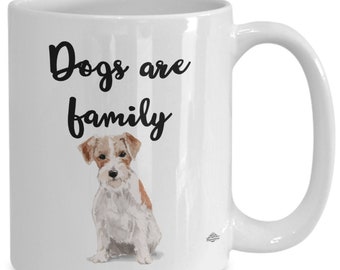 Wire haired jack russell mug, coffee mug, dogs are family, with watercolor image, gift for dog lover