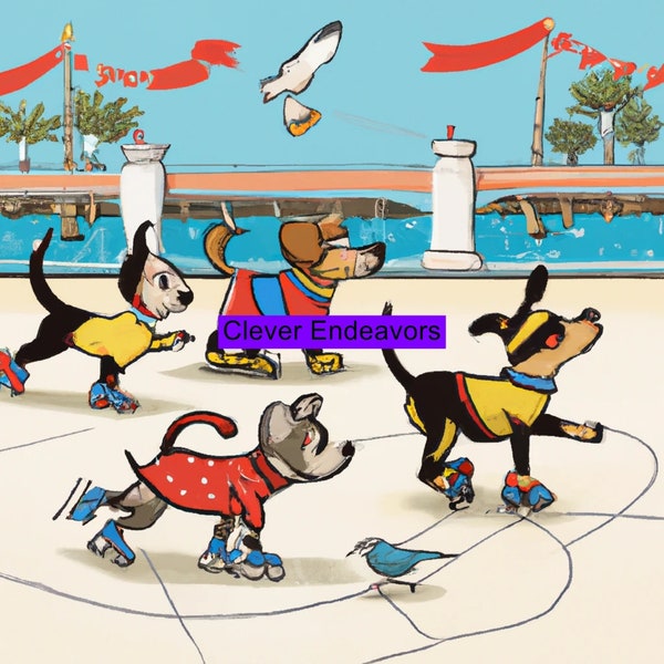 Wall Art Gallery Bundle of 10, Dogs Chasing Birds, Cartoon Style, Digital JPG