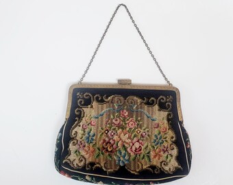 Gorgeous Antique Petit Point Purse Jolles Original Austria Colorful Blooms Mirror Excellent Coin Purse