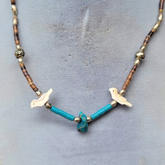 Heishi necklace with Bird Feitsh and Turquoise Nu… - image 2