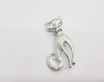 Silver Cat Brooch with Pink Rhinestone Collar