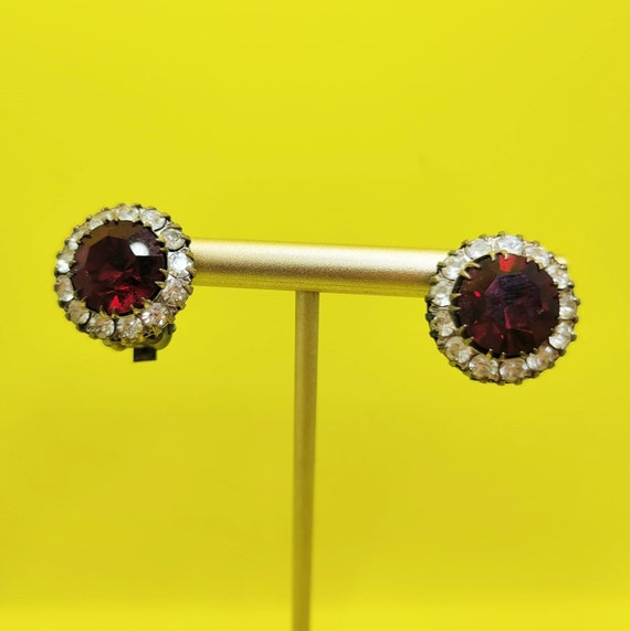 Early Weiss Red Rhinestone Button Clip On Earrings - image 2
