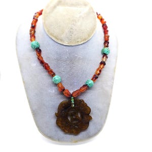 Vintage Carved Jade Pendant Necklace with Agate and Carved Turquoise Beads, Asian Inspired Gemstone Jewelry