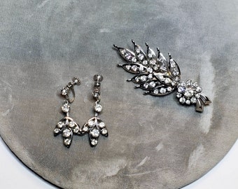 Rhinestone Brooch and Screw Back Earrings Demi Parure