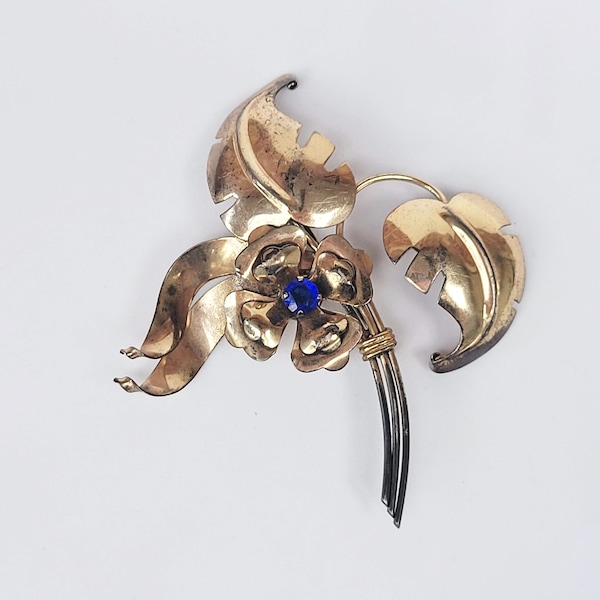 Harry Iskin Sterling Floral Brooch with Blue Rhinestone