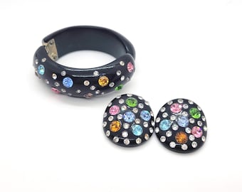 Conjunto de pulsera y pendientes de celuloide negro y diamantes de imitación