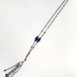 Vintage Long Silver Wire Necklace with Blue Goldston Beads