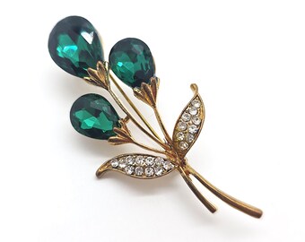Grande Broche Fleur Vintage En émail - Or, Cristaux Et Péridot Vert émeraude, Bijou Fantaisie