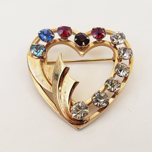 Catamore 12k Gold Filled Red, White, & Blue Rhinestone Heart Brooch / Pin