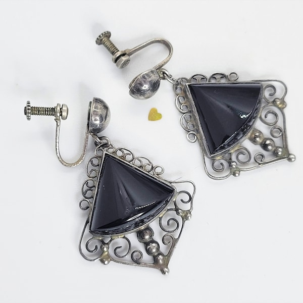 Diaz Santoyo Sterling and Onyx Screw Back Earrings