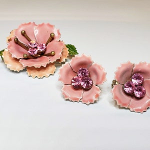 Lisner Pink Enamel & Rhinestones Brooch and Clip On Earrings Set