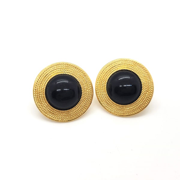 Napier Black and Gold Clip On Button Earrings