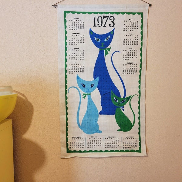 1973 Printed Linen Calendar Tea Towel - Mid Century Modern Cat