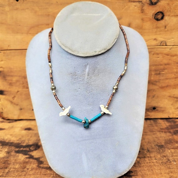 Heishi necklace with Bird Feitsh and Turquoise Nu… - image 1