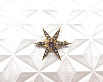Edwardian 10k Gold Seed Pearl and Amethyst Star Pin
