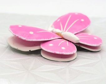 Broche Papillon Rose, Vert Et Blanc - Occasion En Très Bon état - Bijou Vintage Délicat Et Coloré