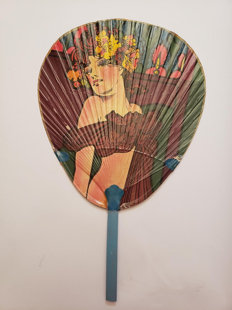 Japanese Hand Fan Vintage 1960s Art Deco Style Uchiwa Fan