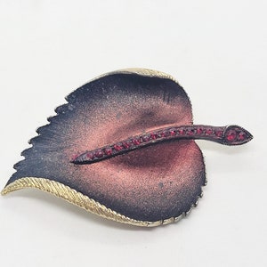 Vintage Red Rhinestone Leaf Brooch