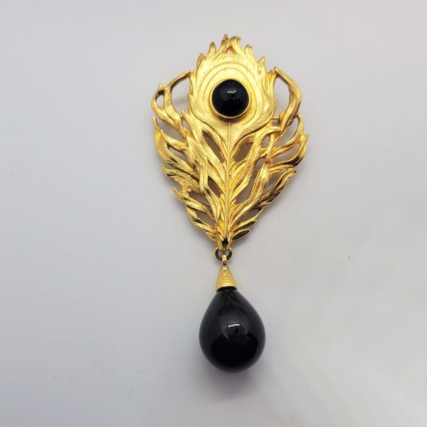 Andrew Spingarn Black Gripoix Peacock Feather Brooch