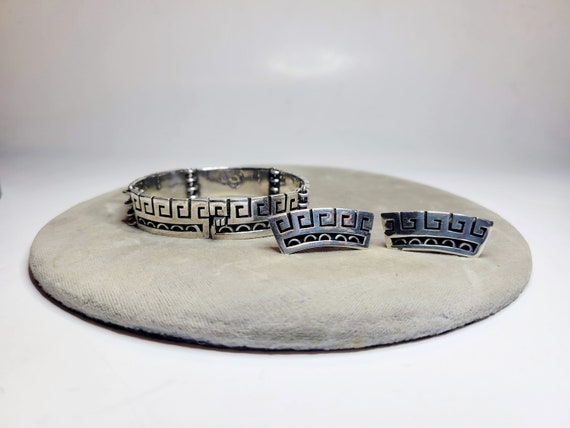 Taxco Sterling Modernist Bracelet and Earrings Set - image 1