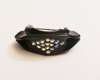 Black Celluloid & Rhinestone Pin/Brooch