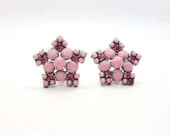 Pink Milk Glass and Rhinestone Clip On Earrings