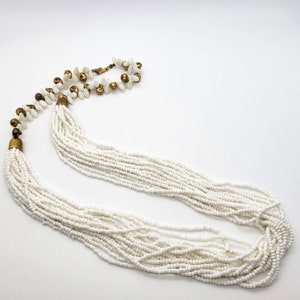 Miriam Haskell White Glass Bead Necklace with Gold Metal Shell Beads