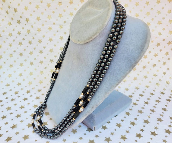 3 Strand Hematite Beaded Necklace 14k Gold Clasp - image 4