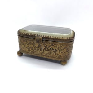 Antique French Jewelry Casket, Ornate Brass Trinket Box with Beveled Crystal Lid
