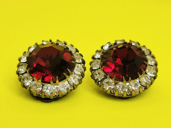 Early Weiss Red Rhinestone Button Clip On Earrings - image 1