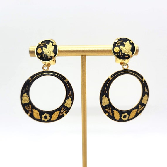Vintage Damascene Hoop Dangle Clip On Earrings